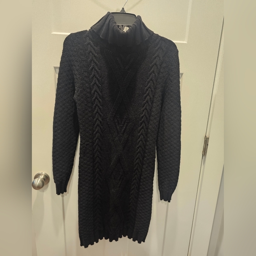 Black Cable Knit Turtleneck Sweater Dress Size L | Long Sleeve Ribbed Knit Pullo